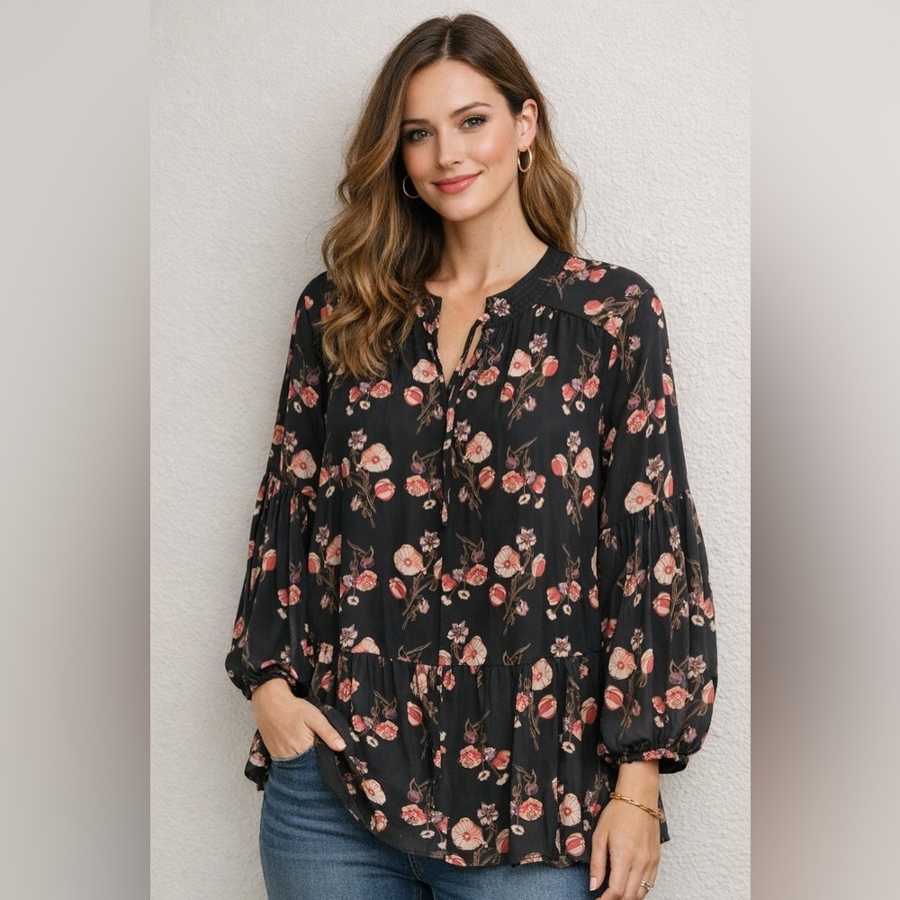 Falls Creek Dark Floral Boho Tunic | Peasant Puff Sleeve XL Ruffle Hem Top